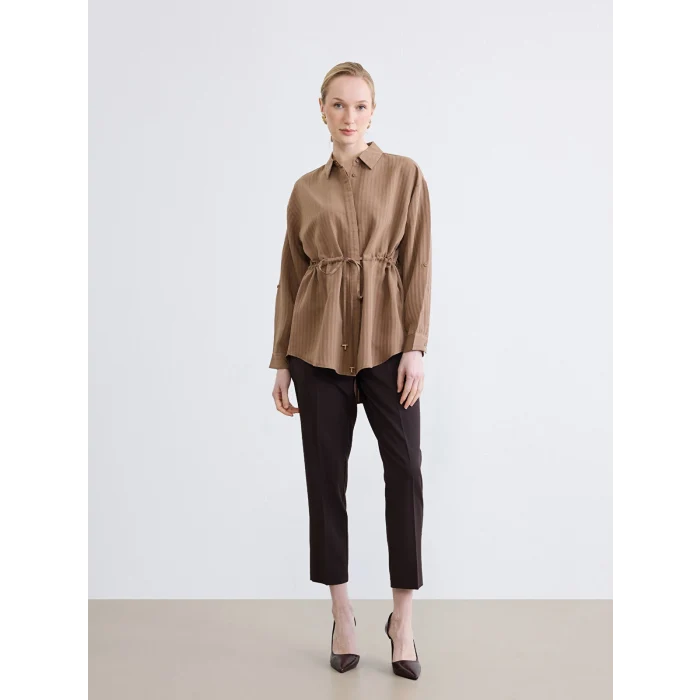 LCW STUDIO Kahverengi Beli Bağcıklı Çizgili Kadın Gömlek Tunik
