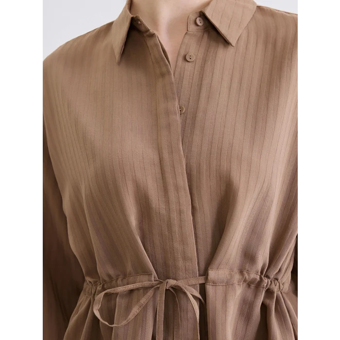 LCW STUDIO Kahverengi Beli Bağcıklı Çizgili Kadın Gömlek Tunik