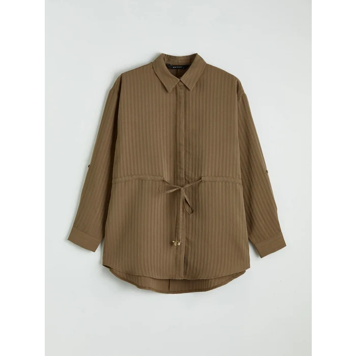 LCW STUDIO Kahverengi Beli Bağcıklı Çizgili Kadın Gömlek Tunik