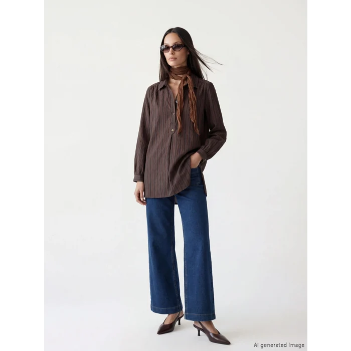 LCW STUDIO Lacivert Çizgili Oversize Armürlü Kadın Gömlek Tunik