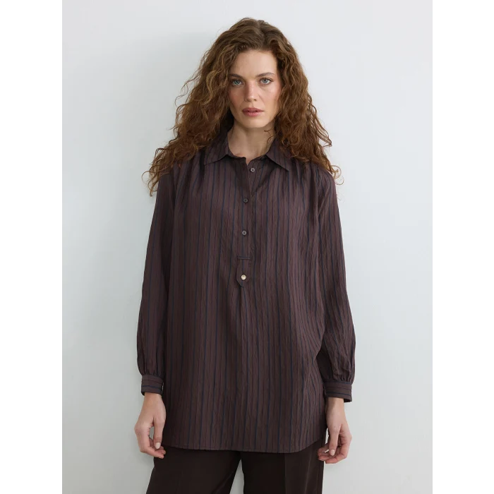 LCW STUDIO Lacivert Çizgili Oversize Armürlü Kadın Gömlek Tunik