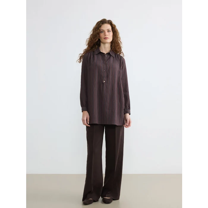 LCW STUDIO Lacivert Çizgili Oversize Armürlü Kadın Gömlek Tunik