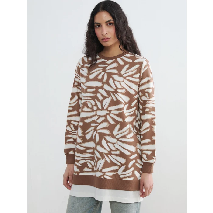 LCW Modest Kahverengi Bisiklet Yaka Desenli Kadın Sweatshirt Tunik