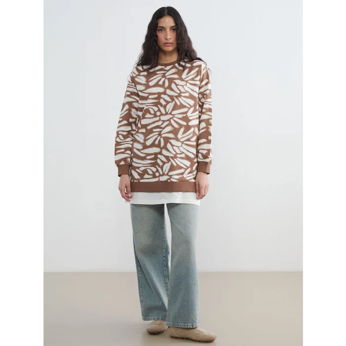 LCW Modest Kahverengi Bisiklet Yaka Desenli Kadın Sweatshirt Tunik