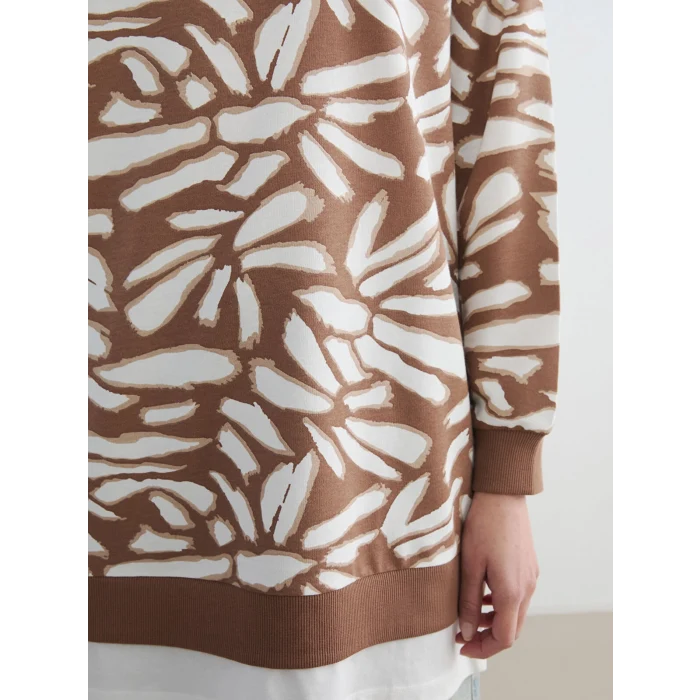 LCW Modest Kahverengi Bisiklet Yaka Desenli Kadın Sweatshirt Tunik