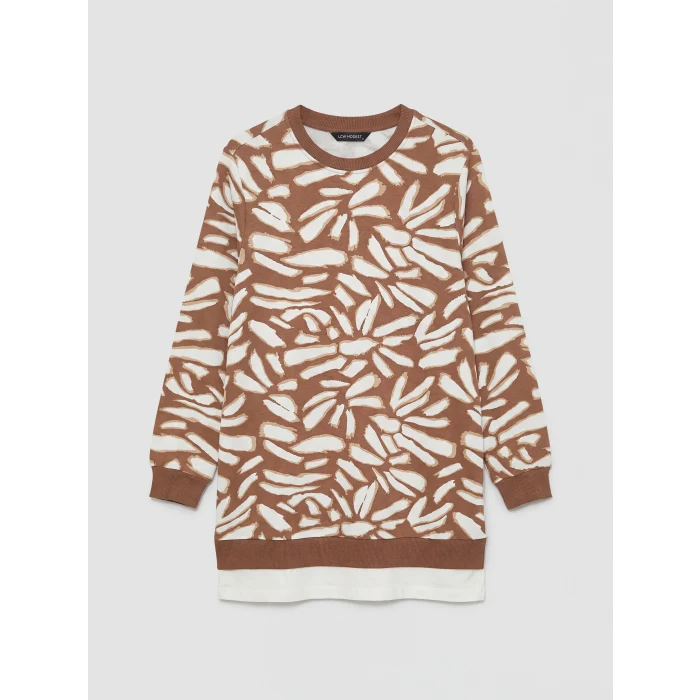 LCW Modest Kahverengi Bisiklet Yaka Desenli Kadın Sweatshirt Tunik