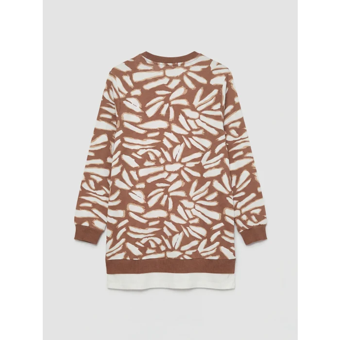 LCW Modest Kahverengi Bisiklet Yaka Desenli Kadın Sweatshirt Tunik