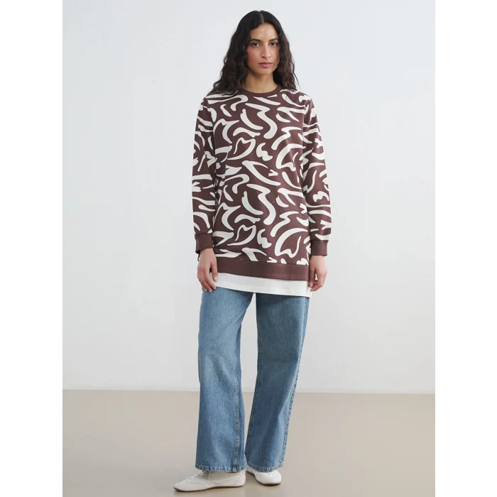 LCW Modest Kahverengi Bisiklet Yaka Desenli Kadın Sweatshirt Tunik
