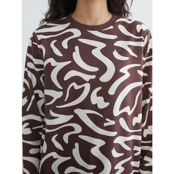 LCW Modest Kahverengi Bisiklet Yaka Desenli Kadın Sweatshirt Tunik