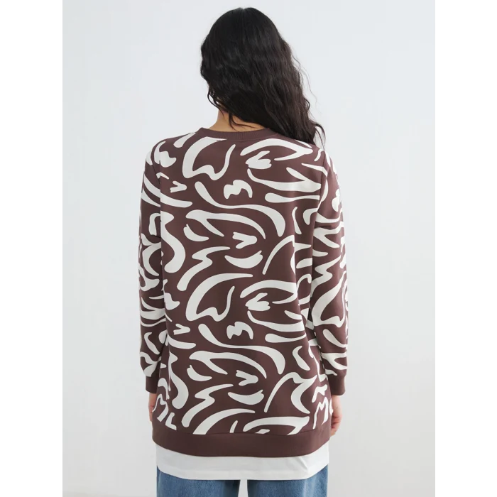 LCW Modest Kahverengi Bisiklet Yaka Desenli Kadın Sweatshirt Tunik