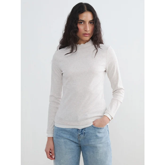 LCW Modest Bej Dik Yaka Fırfırlı Kadın Body