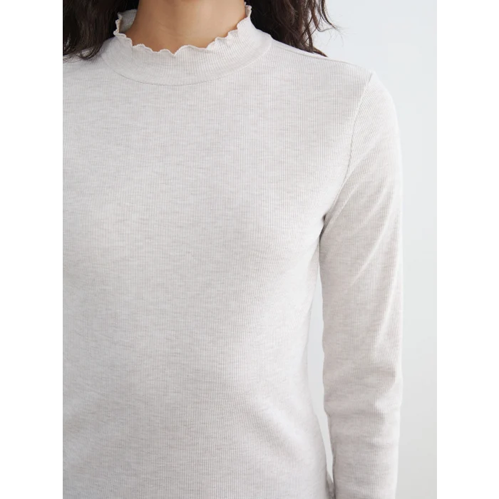 LCW Modest Bej Dik Yaka Fırfırlı Kadın Body