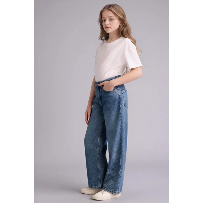 Defacto G7740A8NM34 Mavi Straıght Wıde Çiçek Baskılı Jean Pantolon Kız Çocuk