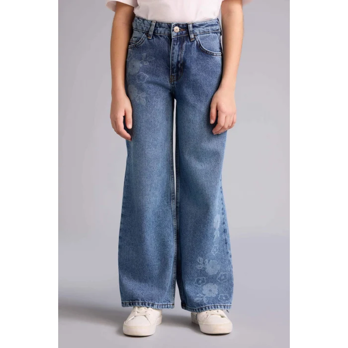 Defacto G7740A8NM34 Mavi Straıght Wıde Çiçek Baskılı Jean Pantolon Kız Çocuk