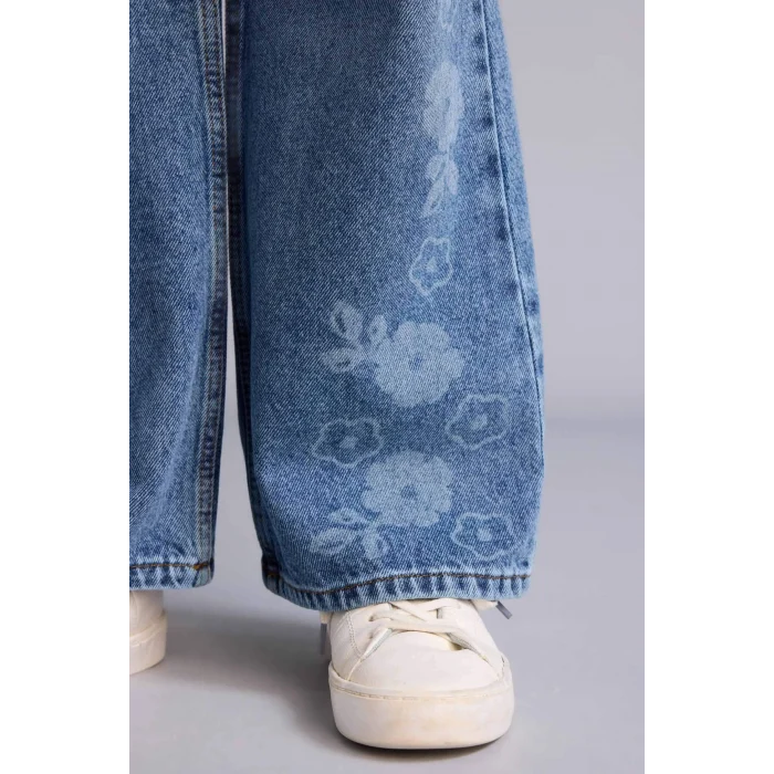 Defacto G7740A8NM34 Mavi Straıght Wıde Çiçek Baskılı Jean Pantolon Kız Çocuk