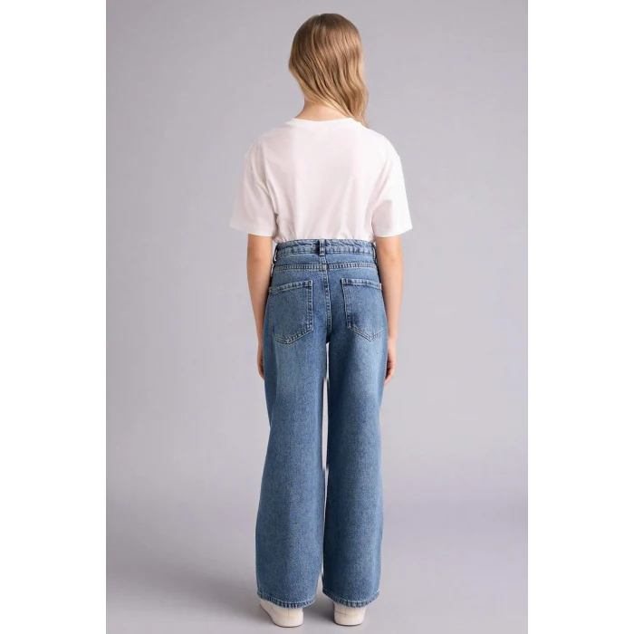 Defacto G7740A8NM34 Mavi Straıght Wıde Çiçek Baskılı Jean Pantolon Kız Çocuk