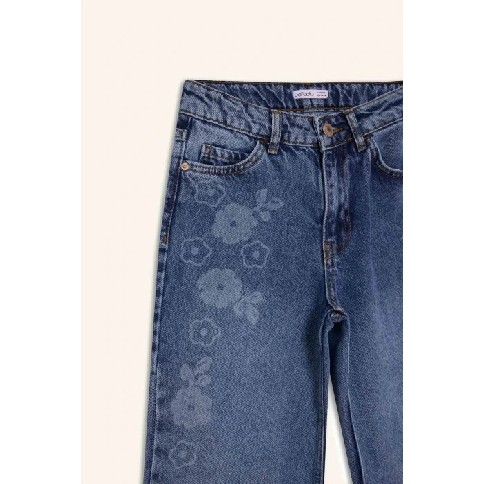 Defacto G7740A8NM34 Mavi Straıght Wıde Çiçek Baskılı Jean Pantolon Kız Çocuk