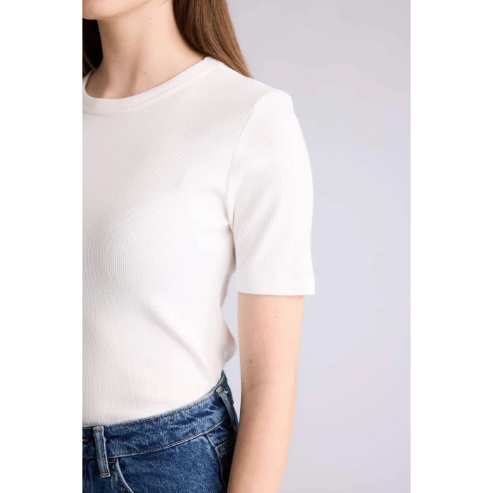 Defacto G8490AXER105 Ekru Slım Fıt Basıc Fitilli Kaşkorse Tişört