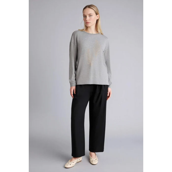 Defacto H1203AXAR53 Antrasit Relax Fıt Bisiklet Yaka Taş Baskılı Uzun Kollu Tişört