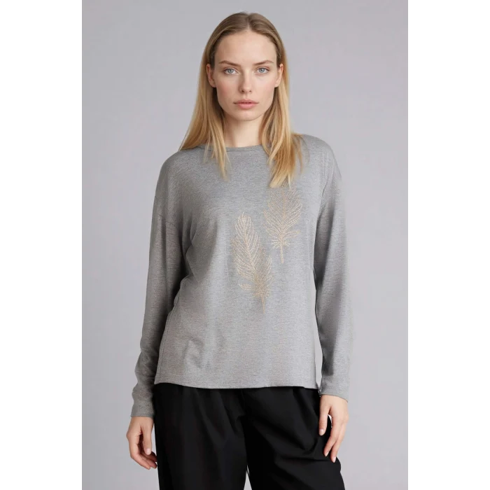 Defacto H1203AXAR53 Antrasit Relax Fıt Bisiklet Yaka Taş Baskılı Uzun Kollu Tişört