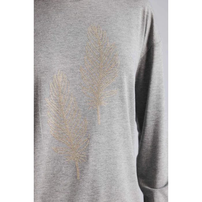 Defacto H1203AXAR53 Antrasit Relax Fıt Bisiklet Yaka Taş Baskılı Uzun Kollu Tişört