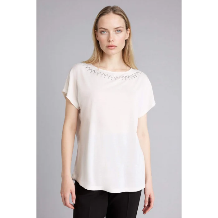 Defacto G3285AXWT32 Beyaz Kayık Yaka Taş Baskılı Kısa Kollu Tişört