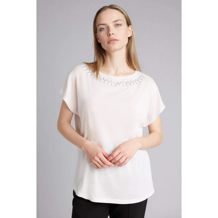 Defacto G3285AXWT32 Beyaz Kayık Yaka Taş Baskılı Kısa Kollu Tişört