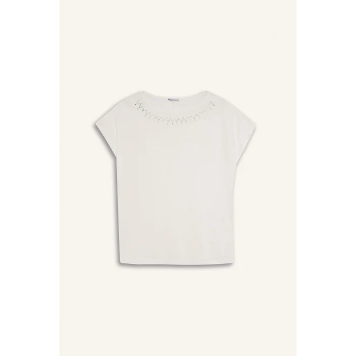 Defacto G3285AXWT32 Beyaz Kayık Yaka Taş Baskılı Kısa Kollu Tişört