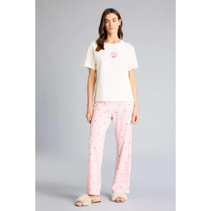Defacto G1674AXPN149 Pembe Pijama Takımı Regular Fit Baskılı Kısa Kollu Üst Desenli Uzun Alt