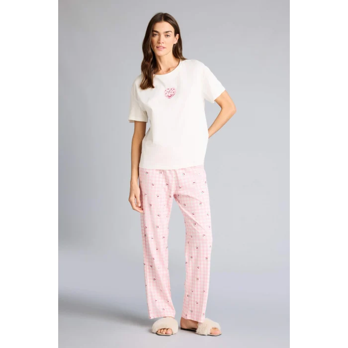 Defacto G1674AXPN149 Pembe Pijama Takımı Regular Fit Baskılı Kısa Kollu Üst Desenli Uzun Alt