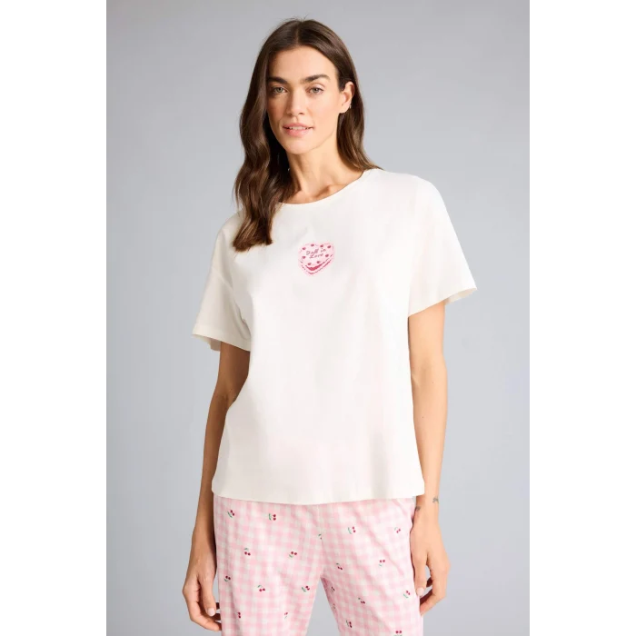 Defacto G1674AXPN149 Pembe Pijama Takımı Regular Fit Baskılı Kısa Kollu Üst Desenli Uzun Alt