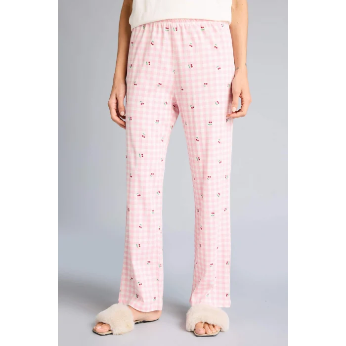 Defacto G1674AXPN149 Pembe Pijama Takımı Regular Fit Baskılı Kısa Kollu Üst Desenli Uzun Alt