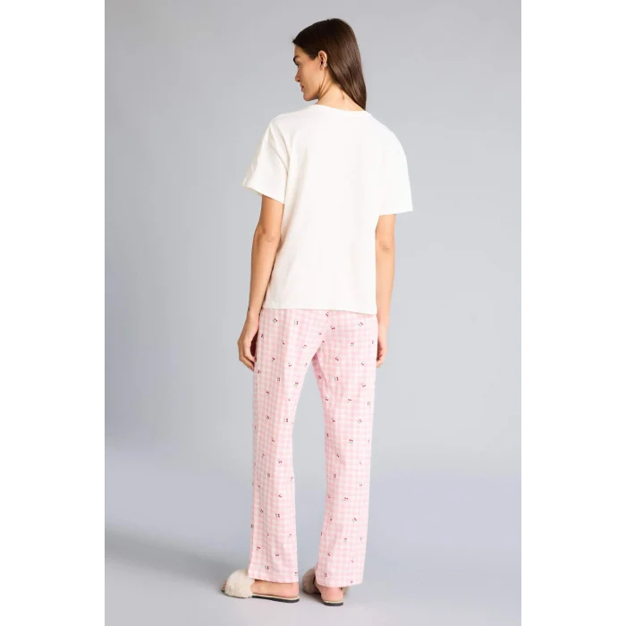 Defacto G1674AXPN149 Pembe Pijama Takımı Regular Fit Baskılı Kısa Kollu Üst Desenli Uzun Alt