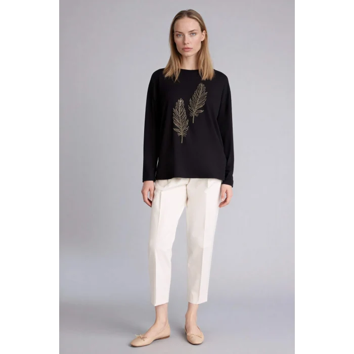 Defacto H1203AXBK81 Siyah Relax Fıt Bisiklet Yaka Taş Baskılı Uzun Kollu Tişört