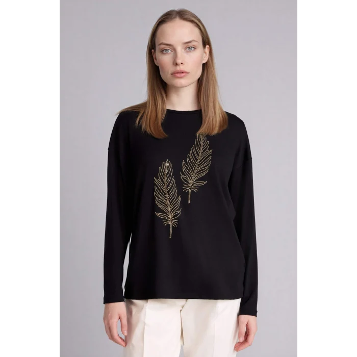 Defacto H1203AXBK81 Siyah Relax Fıt Bisiklet Yaka Taş Baskılı Uzun Kollu Tişört