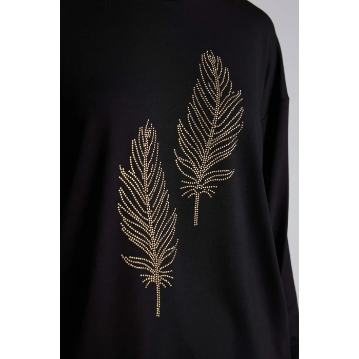 Defacto H1203AXBK81 Siyah Relax Fıt Bisiklet Yaka Taş Baskılı Uzun Kollu Tişört