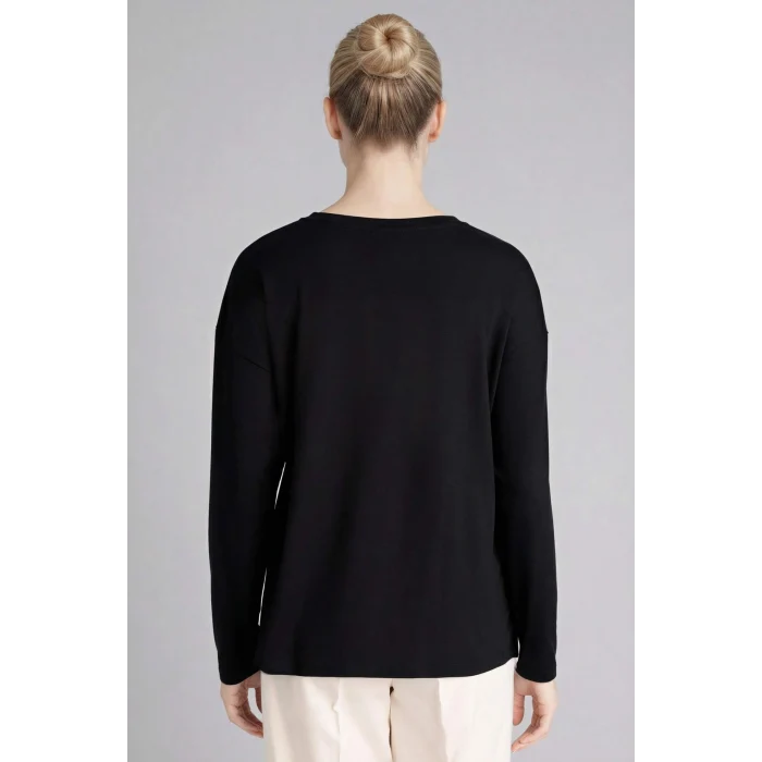 Defacto H1203AXBK81 Siyah Relax Fıt Bisiklet Yaka Taş Baskılı Uzun Kollu Tişört