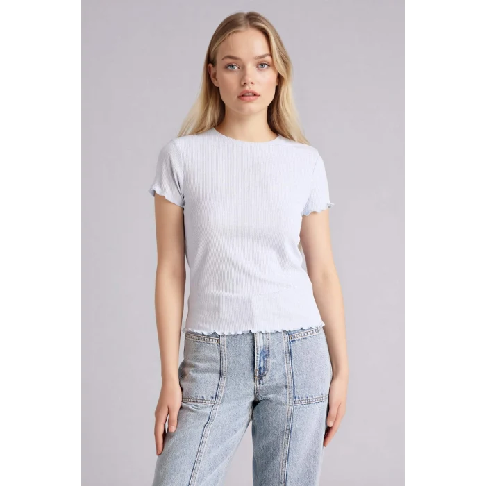 Defacto K7064AZBE216 Mavi Fıtted Bisiklet Yaka Fitilli Kaşkorse Kısa Kollu Tişört