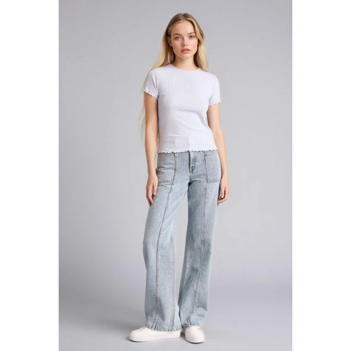 Defacto K7064AZBE216 Mavi Fıtted Bisiklet Yaka Fitilli Kaşkorse Kısa Kollu Tişört