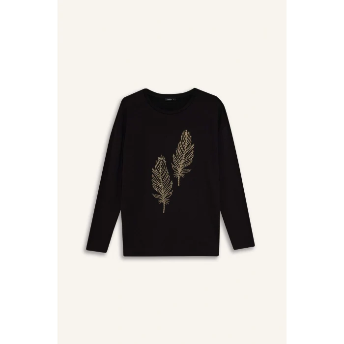 Defacto H1203AXBK81 Siyah Relax Fıt Bisiklet Yaka Taş Baskılı Uzun Kollu Tişört