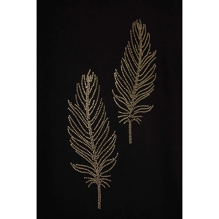 Defacto H1203AXBK81 Siyah Relax Fıt Bisiklet Yaka Taş Baskılı Uzun Kollu Tişört