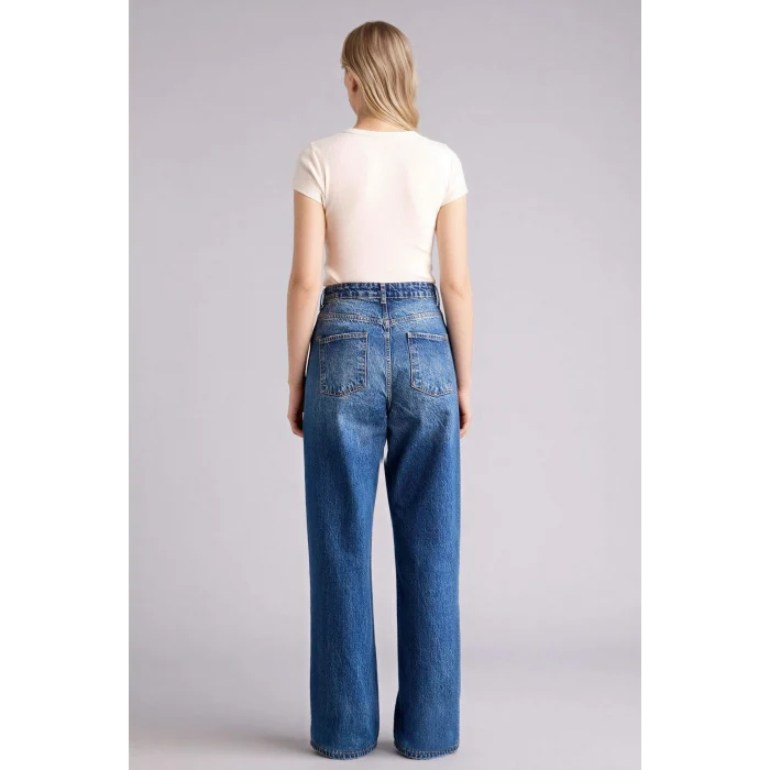 Defacto G3541AXNM28 Mavi Straıght Fıt Yüksek Bel Uzun Jean Yıkamalı Pantolon