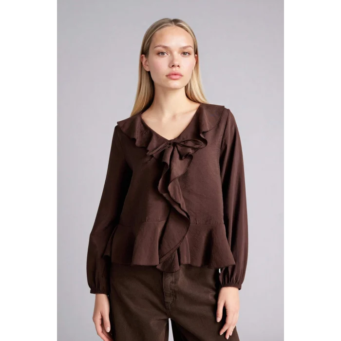 Defacto G1971AXBN267 Kahve Regular Fıt V Yaka Modal Uzun Kollu Bluz