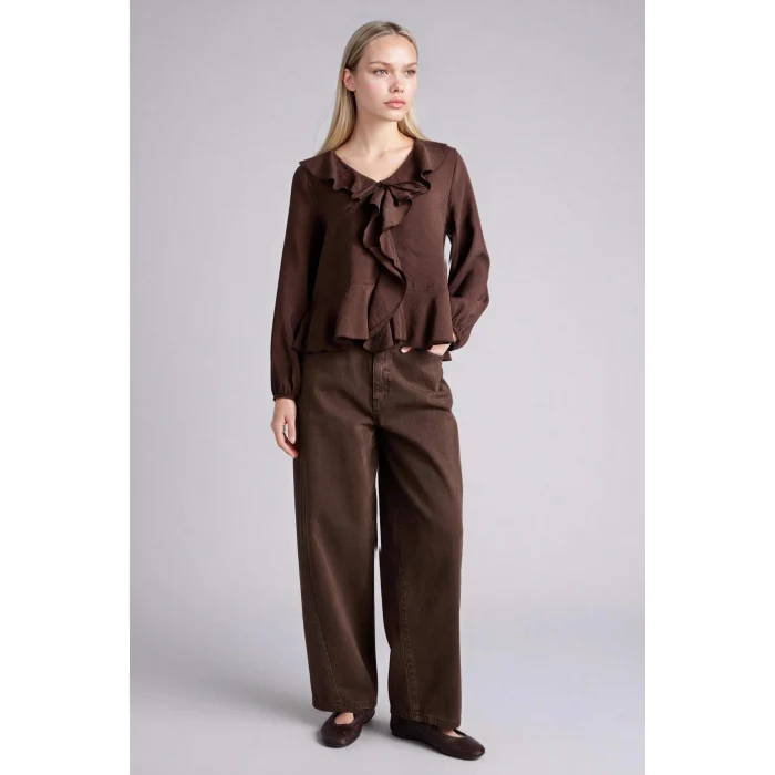 Defacto G1971AXBN267 Kahve Regular Fıt V Yaka Modal Uzun Kollu Bluz