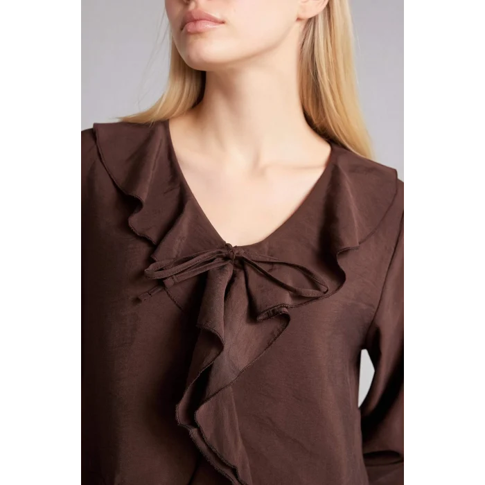 Defacto G1971AXBN267 Kahve Regular Fıt V Yaka Modal Uzun Kollu Bluz