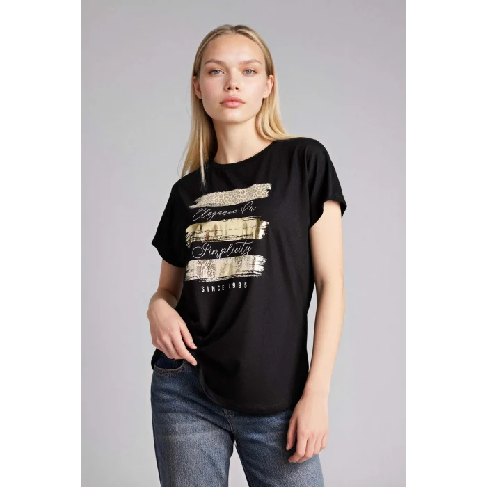 Defacto H1393AXBK81 Siyah Relax Fıt Baskılı Tişört