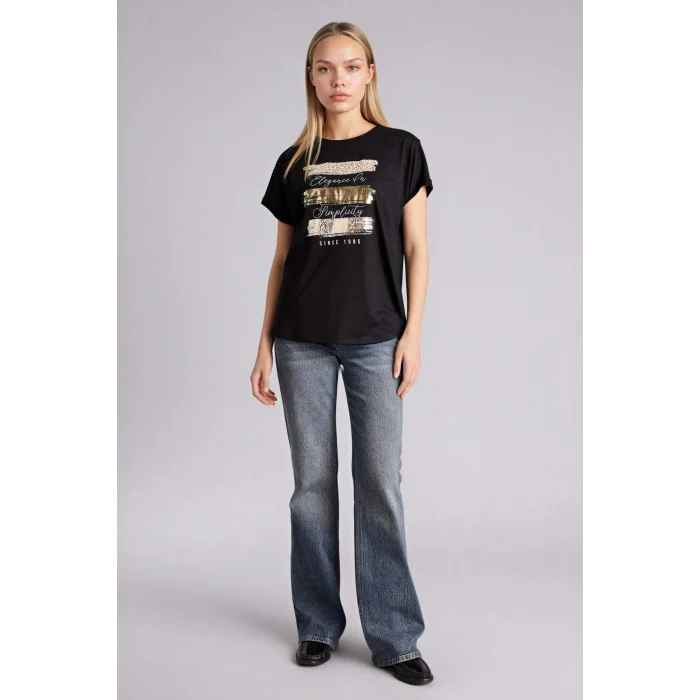 Defacto H1393AXBK81 Siyah Relax Fıt Baskılı Tişört