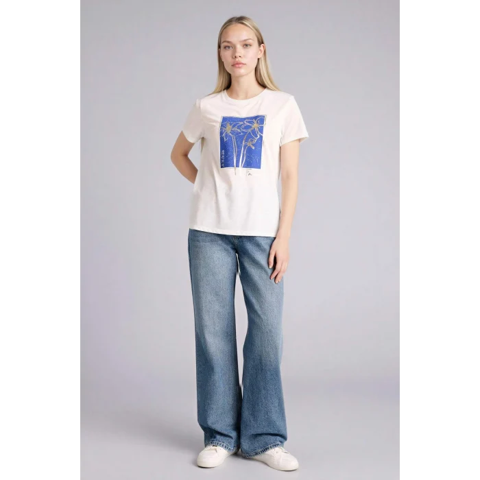 Defacto H1394AXER105 Ekru Regular Fıt Bisiklet Yaka Çiçekli Kısa Kollu Tişört