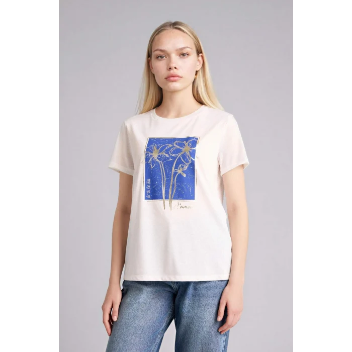 Defacto H1394AXER105 Ekru Regular Fıt Bisiklet Yaka Çiçekli Kısa Kollu Tişört