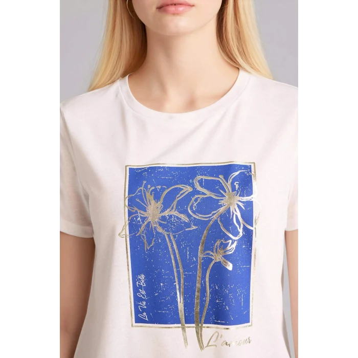 Defacto H1394AXER105 Ekru Regular Fıt Bisiklet Yaka Çiçekli Kısa Kollu Tişört